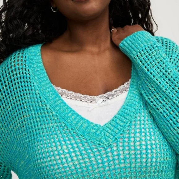 Torrid Open Stitch Pull Over Sweater V Neck Aqua 4XL - Picture 5 of 8